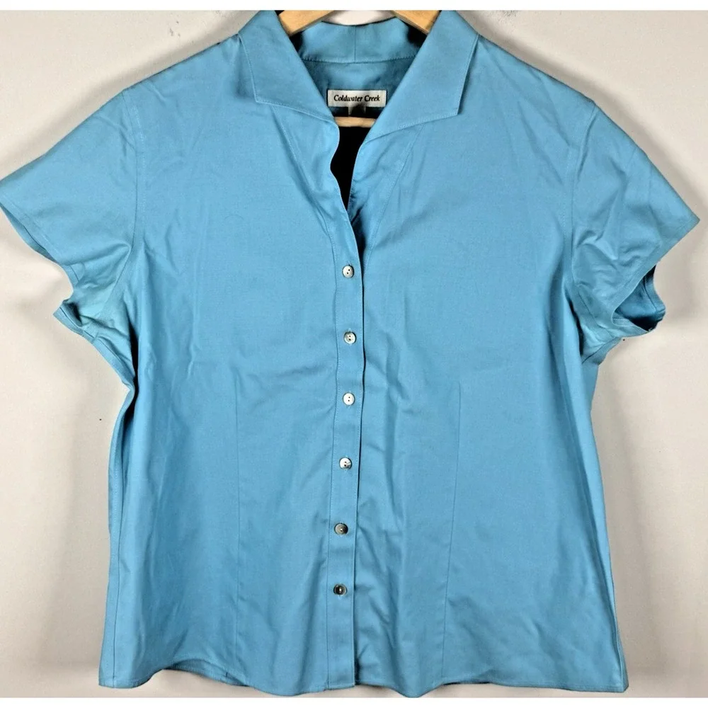 Coldwater Creek Shirt Top Women Petite L Collared Button Up Blue‎ Short Sleeve